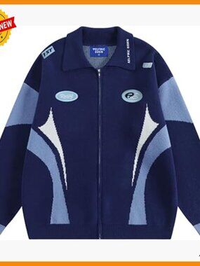Oversized Zip Up Cardigan with Racing Patchwork Graphic Y2K Style